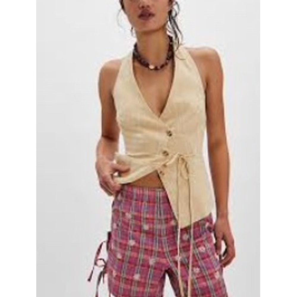 Free People Vera Vest Top Women Small Striped Linen Blend